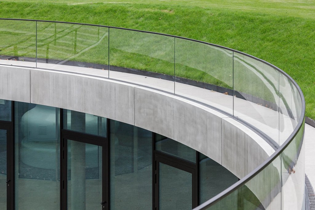 Glass railing above the courtyard